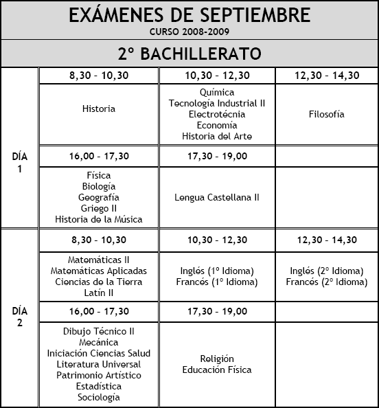 Exámenes de septiembre 2º Bachillerato