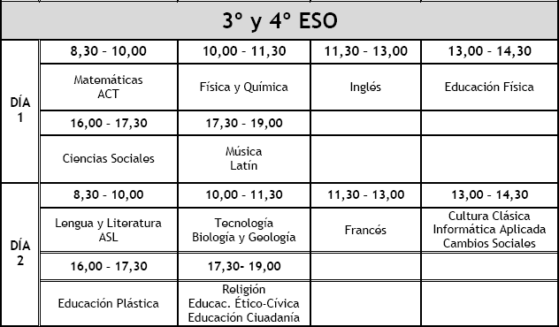 Exámenes de septiembre 3º y 4º de ESO